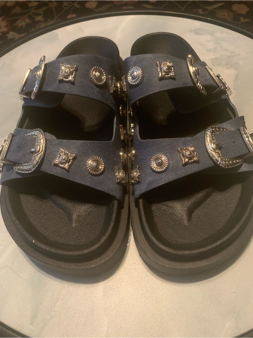Navy Blue Slide Sandals with Decorative Silver Accents